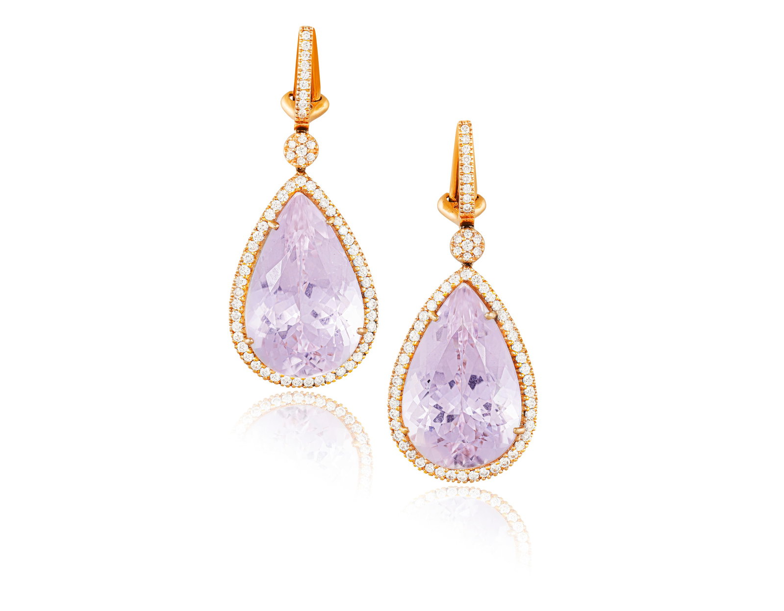 A PAIR OF KUNZITE AND DIAMOND PENDENT EARRINGS Each pear-shaped kunzite set with a frame pavé (1 of 3)