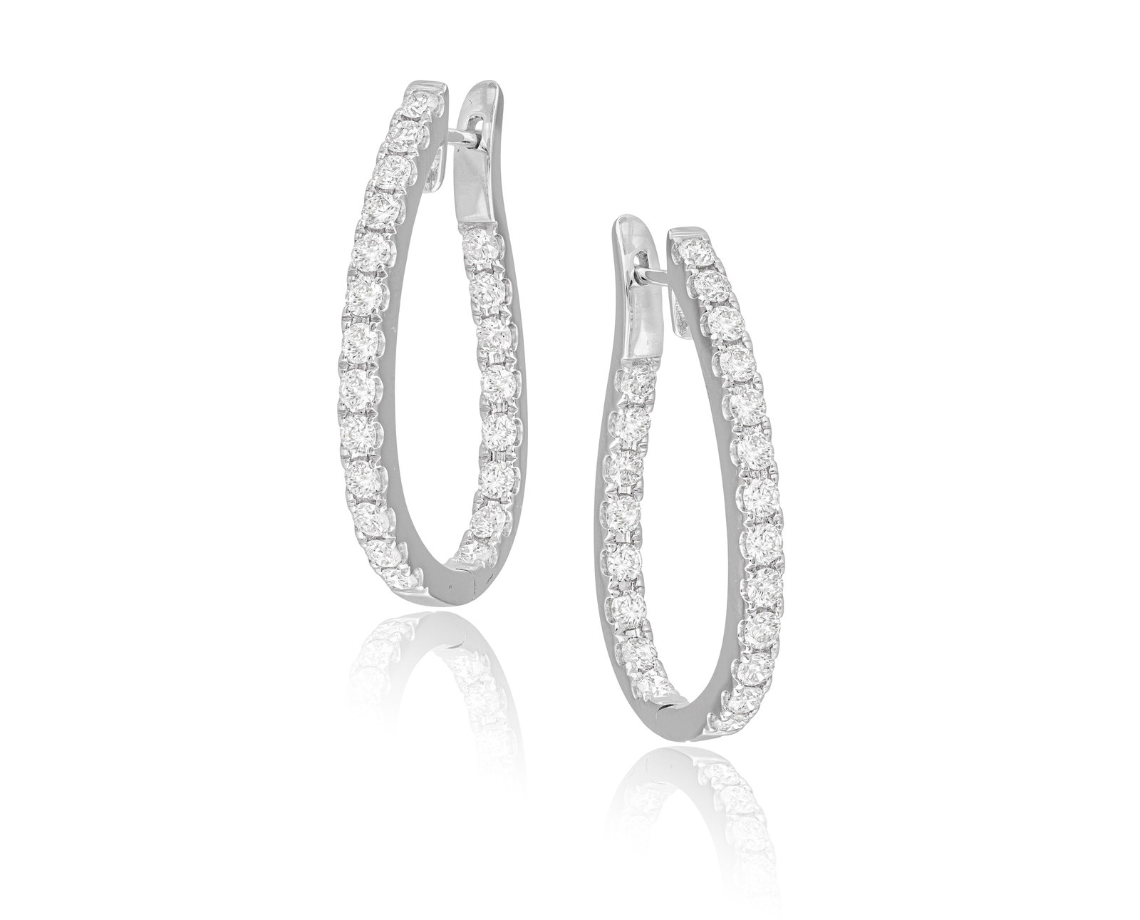 A PAIR OF DIAMOND HOOP EARRINGS Each ovoid-shaped hoop, set with brilliant-cut diamonds to the: A PAIR OF DIAMOND HOOP EARRINGS Each ovoid-shaped hoop, set with brilliant-cut diamonds to the front and interior, mounted in 18K gold, diamonds approximately 1.70cts total, length 2.9cm