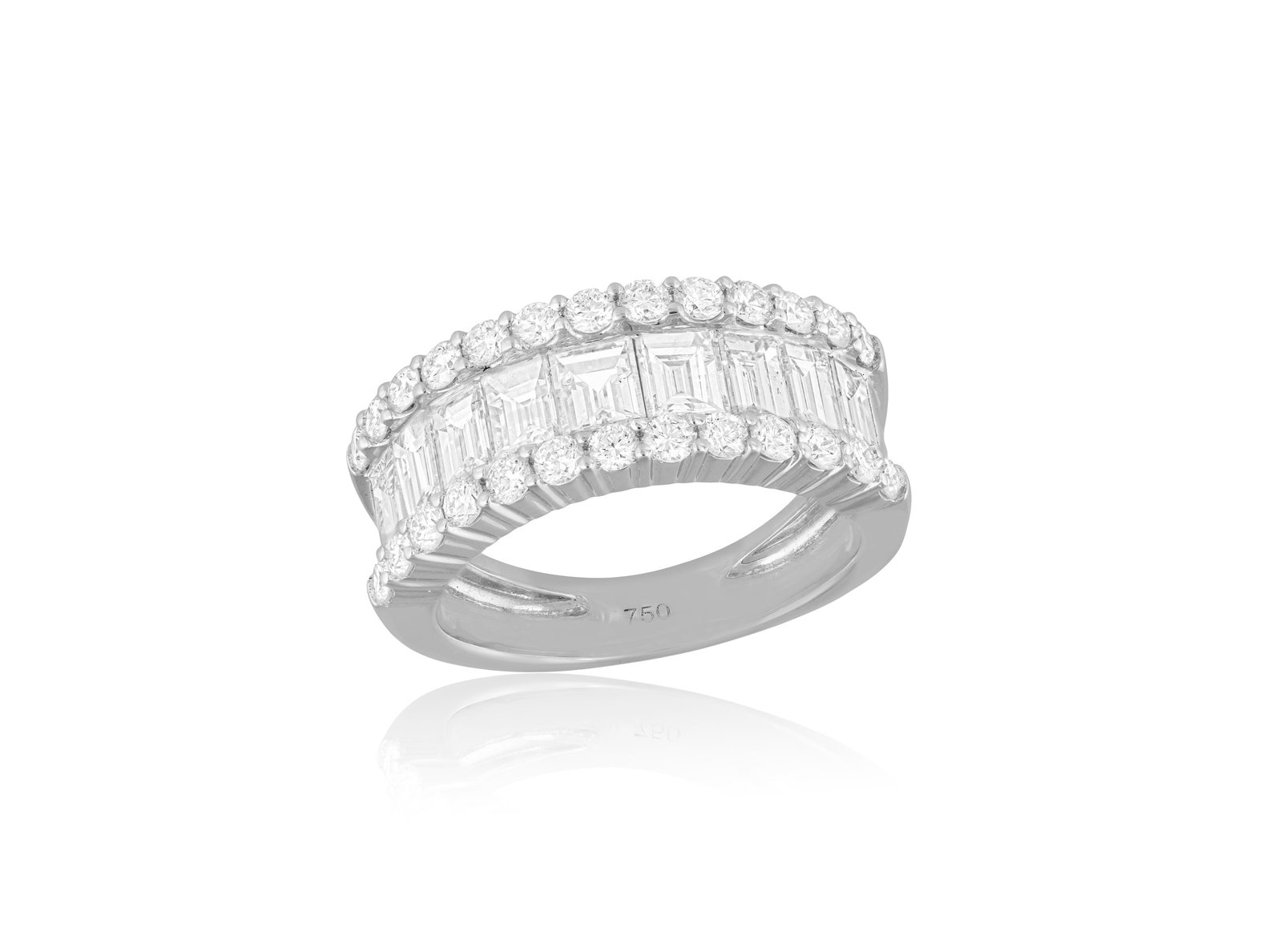 A DIAMOND RING The frontispiece set with a row of rectangular-cut diamonds between brilliant-cut: A DIAMOND RING The frontispiece set with a row of rectangular-cut diamonds between brilliant-cut diamond borders, mounted in 18K gold, diamonds approximately 2.50cts total, ring size K½