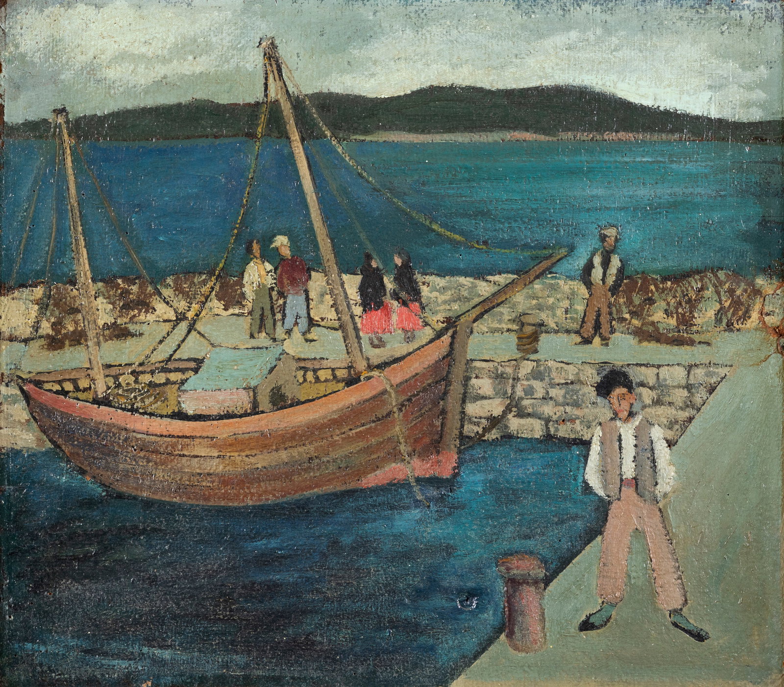Gerard Dillon (1916-1971) Connemara Quayside with Fishermen Oil on canvas laid down on board, 35 x: Gerard Dillon (1916-1971) Connemara Quayside with Fishermen Oil on canvas laid down on board, 35 x 40cm (13¾ x 15¾'') This outstanding painting centres on a fishing boat moored at the quay i