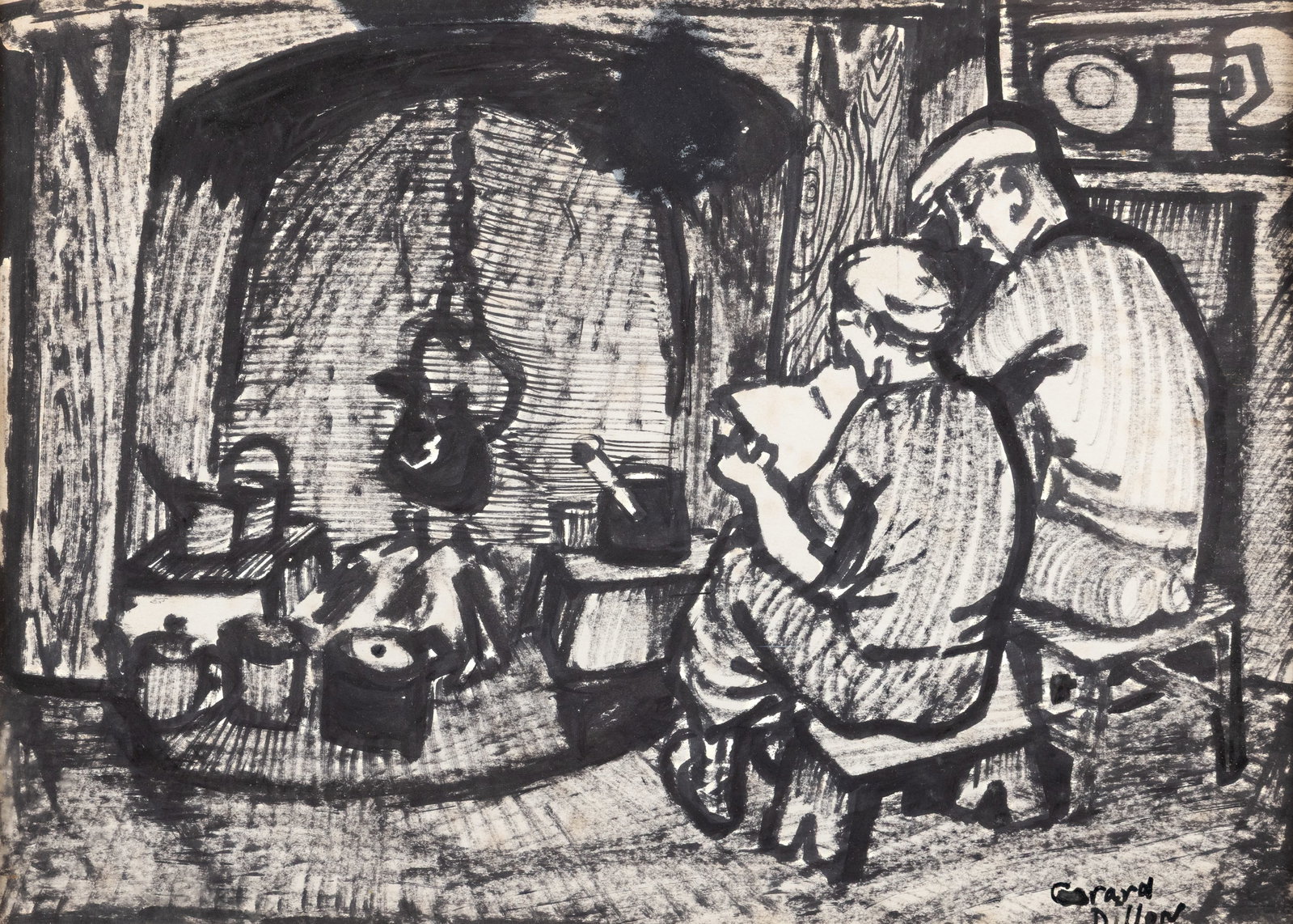 Gerard Dillon (1916-1971) Reading the News Charcoal and ink, 19.5 x 27cm (7¾ x 10½): Gerard Dillon (1916-1971) Reading the News Charcoal and ink, 19.5 x 27cm (7¾ x 10½) Signed Provenance: Collection of Brian Coyle