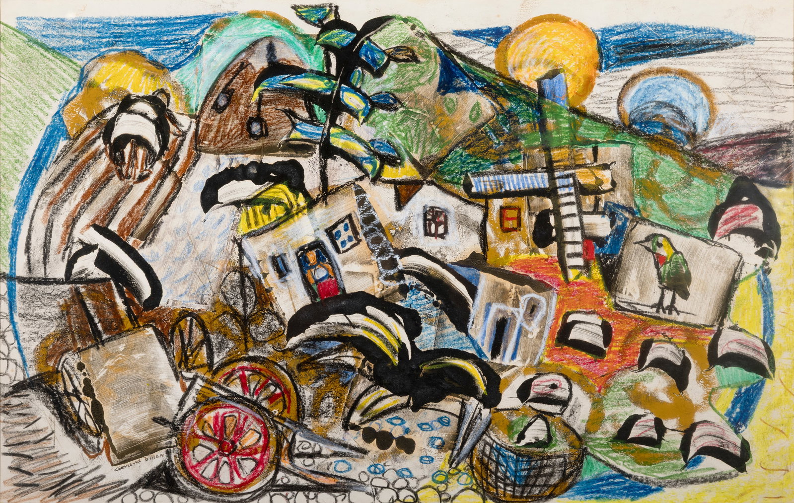 Gerard Dillon (1916-1971) On the Farm Pastel and gouache, 42 x 66cm (16½ x 26'') Signed: Gerard Dillon (1916-1971) On the Farm Pastel and gouache, 42 x 66cm (16½ x 26'') Signed Provenance: With Taylor Galleries, Dublin, label verso; with Niall Dolan, Suffolk St., Dublin