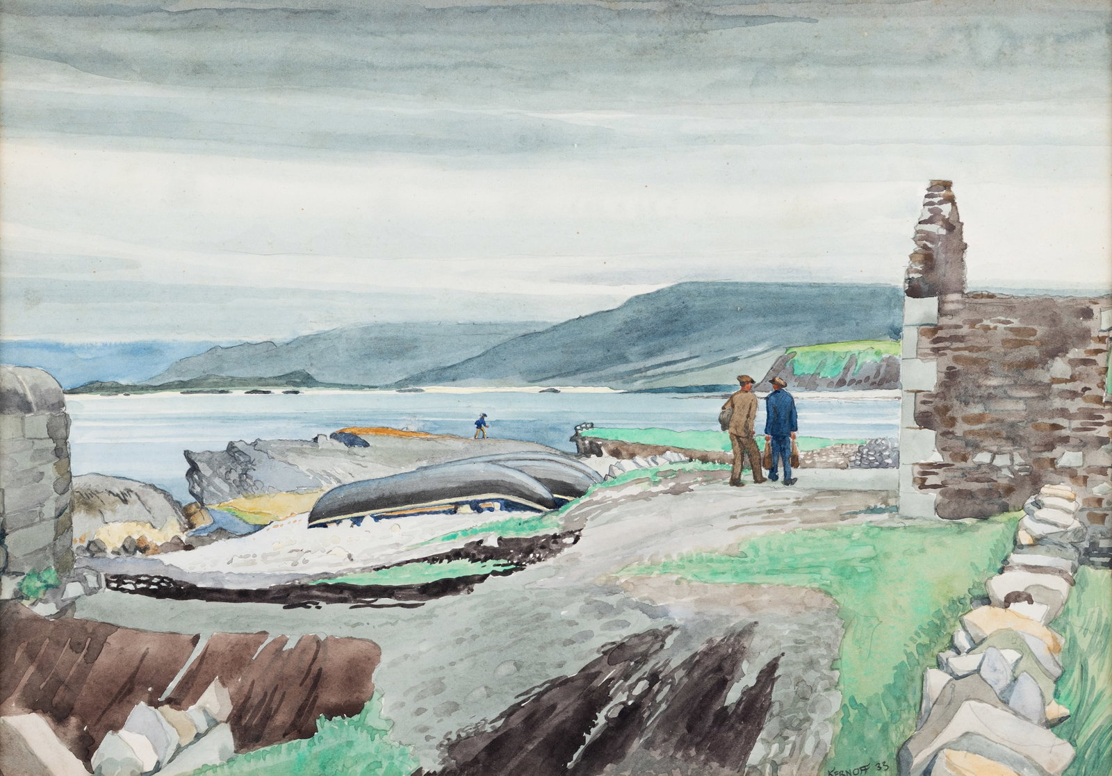 Harry Kernoff (1900-1974) Grey Day by Tully Harbour (1933) Watercolour 24 x 34.5cm (9½ x: Harry Kernoff (1900-1974) Grey Day by Tully Harbour (1933) Watercolour 24 x 34.5cm (9½ x 13½) Signed and dated (19)'33, also inscribed with title on artist's label verso Provenance: Collecti