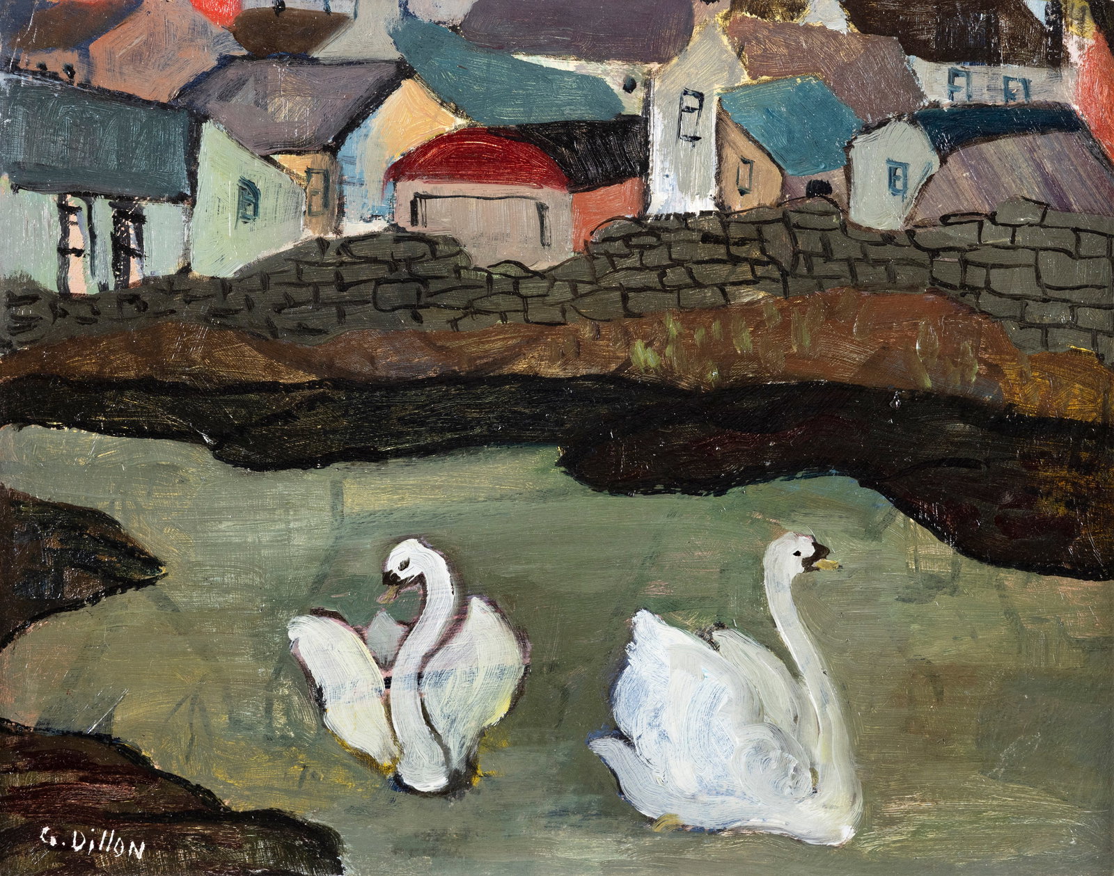 Gerard Dillon (1916-1971) Swans on the Boyne Oil on board, 26.5 x 33.5cm (10½ x 13¼): Gerard Dillon (1916-1971) Swans on the Boyne Oil on board, 26.5 x 33.5cm (10½ x 13¼) Signed Provenance: Malcolm Bush Collection, Richard D. Hatch Auctions, Flat Rock, North Carolina, USA, Fe