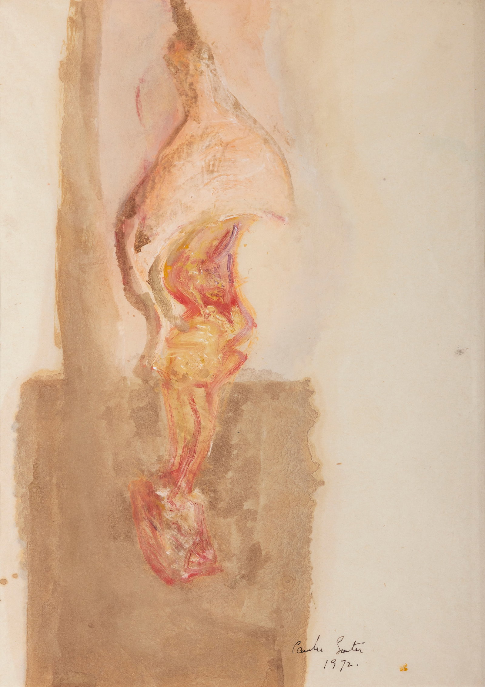 Camille Souter HRHA (1929-2023) Hanging Meat (Mutton) (1972) Oil on paper, 52 x 37cm (20¼ x: Camille Souter HRHA (1929-2023) Hanging Meat (Mutton) (1972) Oil on paper, 52 x 37cm (20¼ x 14½) Signed and dated 1972 Provenance: with The Dawson Gallery, Dublin, label affixed to replaceme