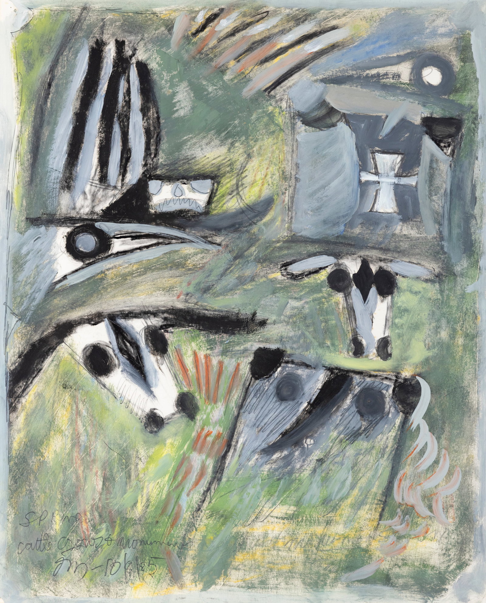 Tony O'Malley HRHA (1913-2003) Spring-Cattle, Crows and Monuments (1985) Oil on paper, 64 x 52cm (1 of 4)