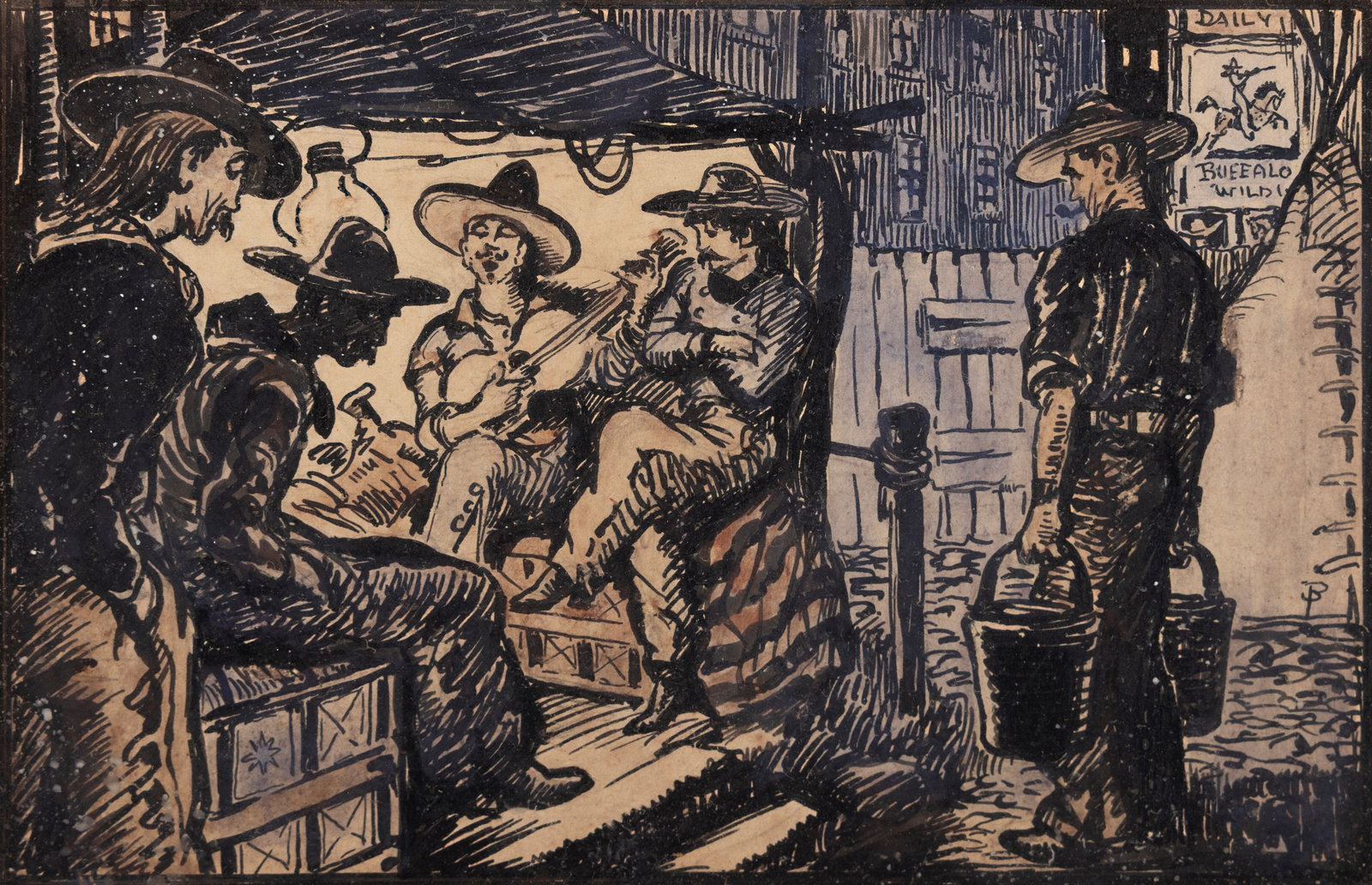 Jack Butler Yeats RHA (1871-1957) Singing the Cowboy's Lament Pink, Indian ink and wash 10.5 x: Jack Butler Yeats RHA (1871-1957) Singing the Cowboy's Lament Pink, Indian ink and wash 10.5 x 16cm (4½ x 6½) Signed with monogram; also signed and inscribed with title verso