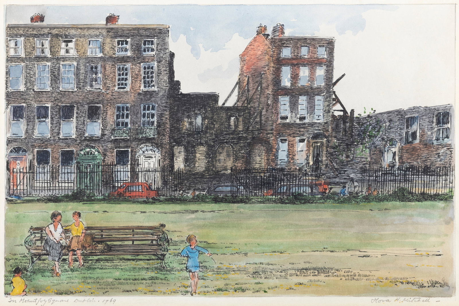 Flora H. Mitchell (1890-1973) In Mountjoy Square, Dublin, 1969 Watercolour, pen and ink, 27 x 41cm: Flora H. Mitchell (1890-1973) In Mountjoy Square, Dublin, 1969 Watercolour, pen and ink, 27 x 41cm Signed and inscribed with title