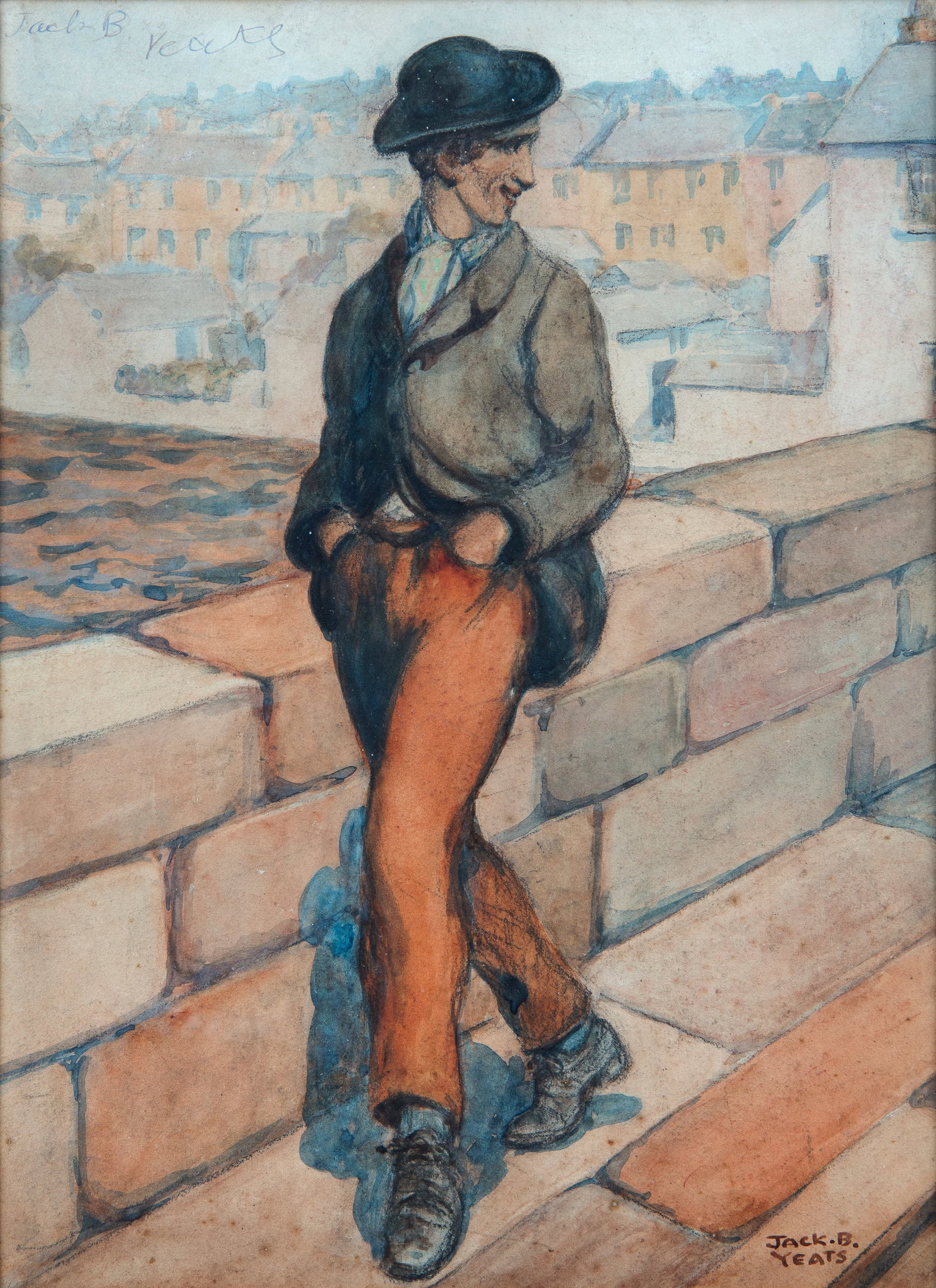 Jack Butler Yeats RHA (1871-1957) The Rake, (Sligo Bridge) (1908) Watercolour, 35.5 x 25.5cm (14 x: Jack Butler Yeats RHA (1871-1957) The Rake, (Sligo Bridge) (1908) Watercolour, 35.5 x 25.5cm (14 x 10'') Signed top left in ink, and again bottom right Provenance: Given by the artist to the Rev. T.A.
