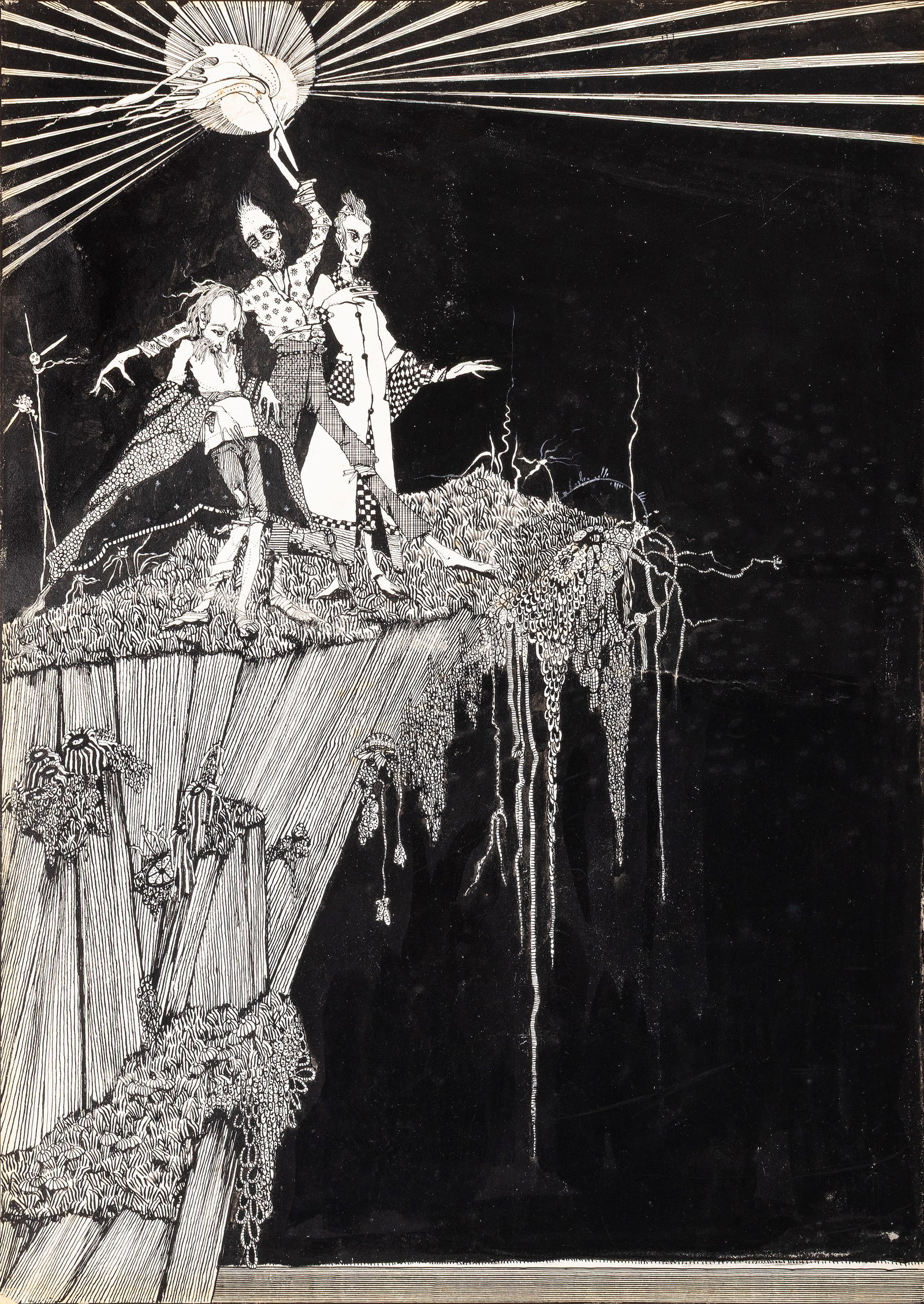 Norah McGuinness HRHA (1901-1980) Three Figures on a Cliff Edge (Illustration) Indian ink: Norah McGuinness HRHA (1901-1980) Three Figures on a Cliff Edge (Illustration) Indian ink 30 x 22cm (11¾ x 8¾) Provenance: Collection of Brian Coyle***Saleroom Notice: Please note the medium
