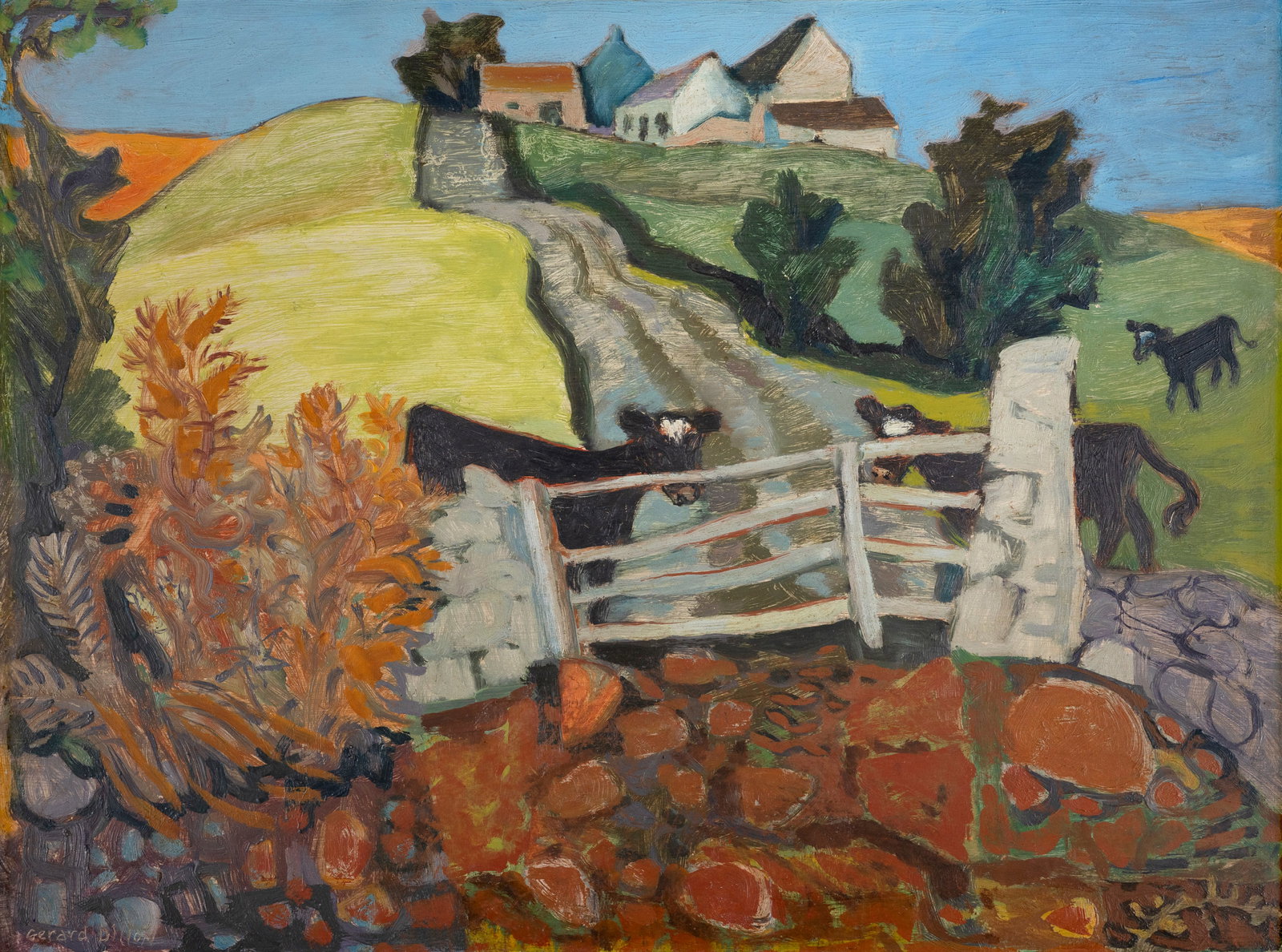 Gerard Dillon (1916-1971) Cattle on a Road, Oil on board, 44.5 x 59.5cm (17½ x 23½): Gerard Dillon (1916-1971) Cattle on a Road, Oil on board, 44.5 x 59.5cm (17½ x 23½) Signed Provenance: The Artist's Family Three inquisitive black calves approach a farm gate. Their attentio