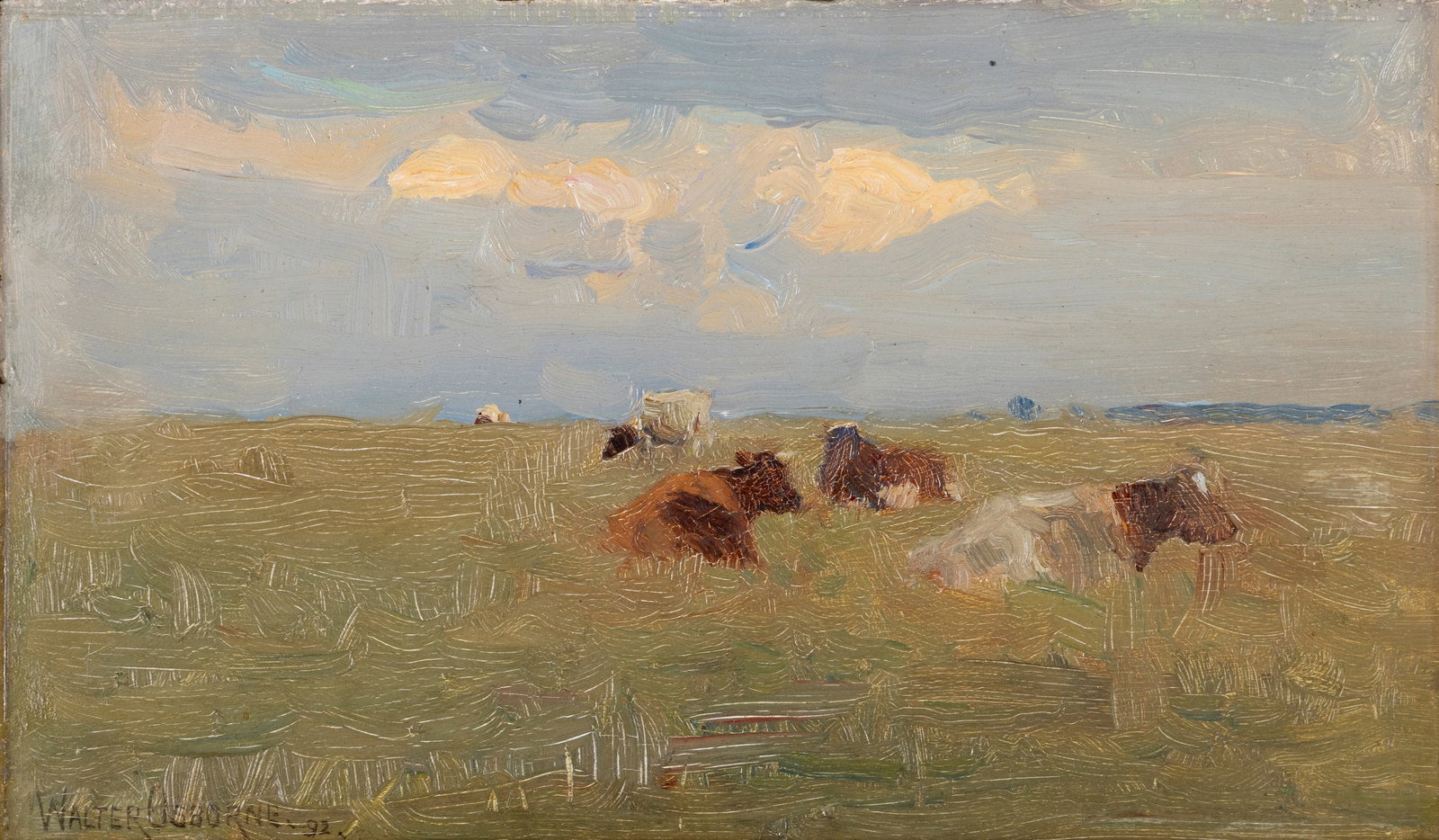 Walter Frederick Osborne RHA (1859-1903) Cattle Resting in a Pasture (1892) Oil on panel 14.5 x: Walter Frederick Osborne RHA (1859-1903) Cattle Resting in a Pasture (1892) Oil on panel 14.5 x 23.5cm (5¾ x 9¼) Signed and dated (18)'92 lower left; signed and inscribed '5 Castlewood Av' t