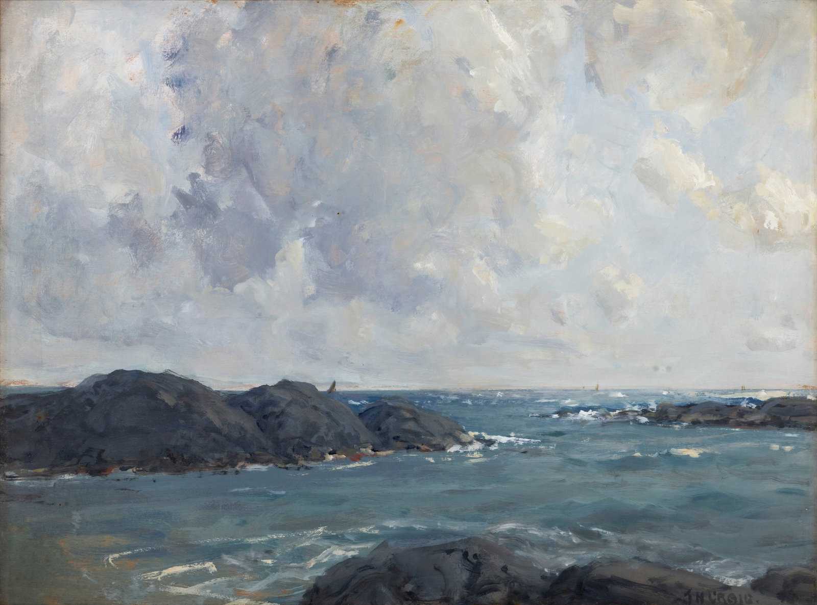 James Humbert Craig RHA RUA (1877-1944) A Silver Morning on the Antrim Coast Oil on board, 36 x: James Humbert Craig RHA RUA (1877-1944) A Silver Morning on the Antrim Coast Oil on board, 36 x 49cm (14 x 19¼'') Signed; signed and inscribed with title verso