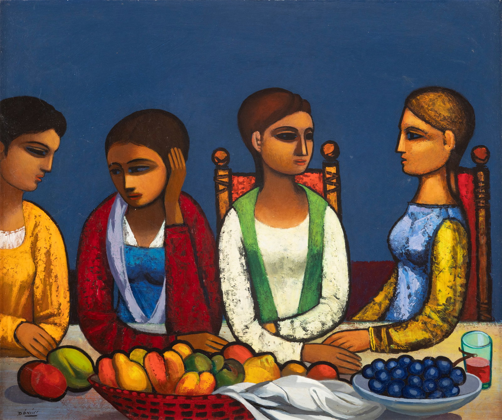Daniel O'Neill (1920-1974) After the Meal Oil on board, 51 x 61cm (20 x 24'') Signed; inscribed: Daniel O'Neill (1920-1974) After the Meal Oil on board, 51 x 61cm (20 x 24'') Signed; inscribed with title verso Provenance: With the Dawson Gallery, Dublin, label verso Against an atmospheric blue gr