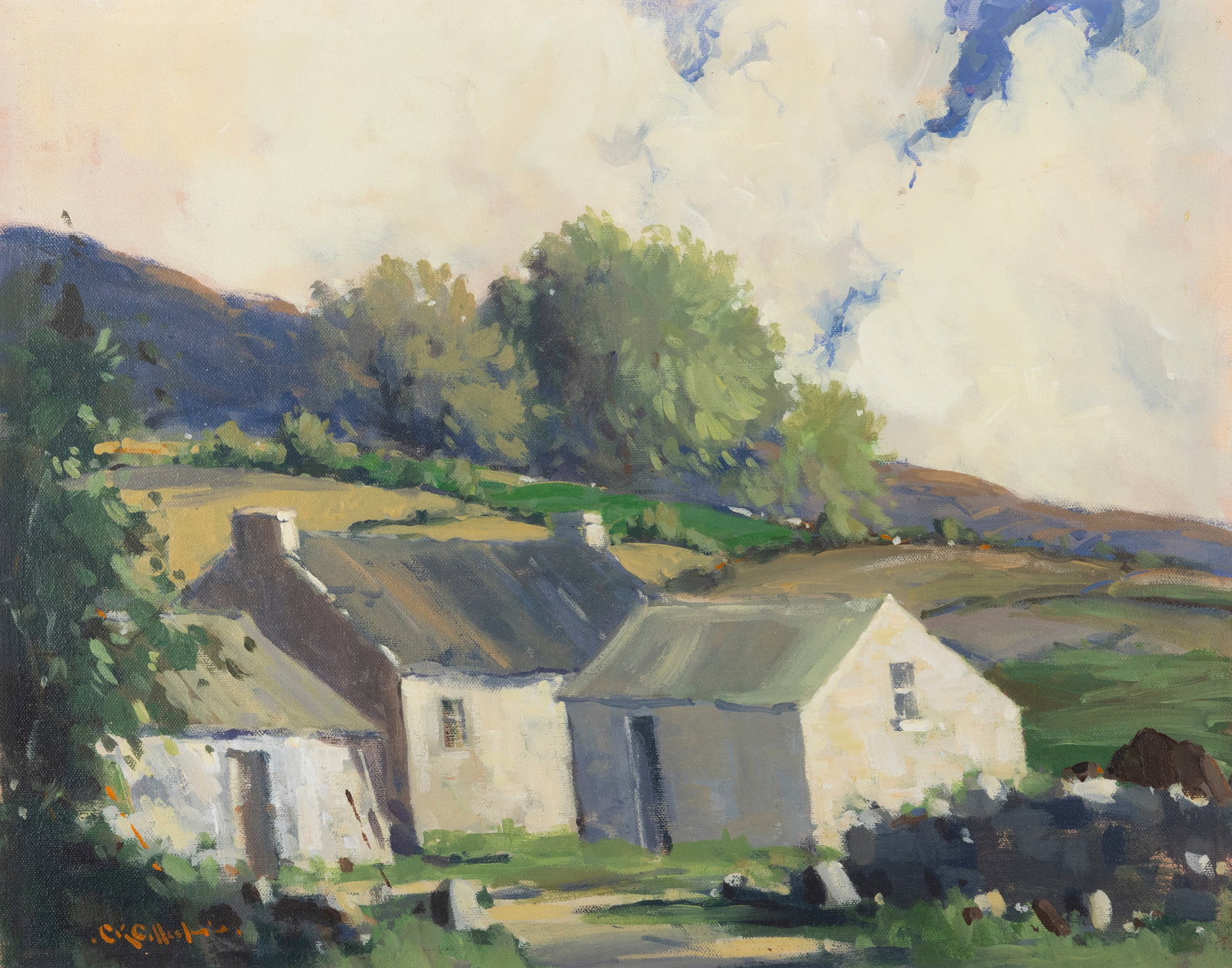 George Gillespie RUA (1924-1995) Farm Houses Oil on canvas board, 38 x 48cm (14¾ x 18¾''): George Gillespie RUA (1924-1995) Farm Houses Oil on canvas board, 38 x 48cm (14¾ x 18¾'') Signed