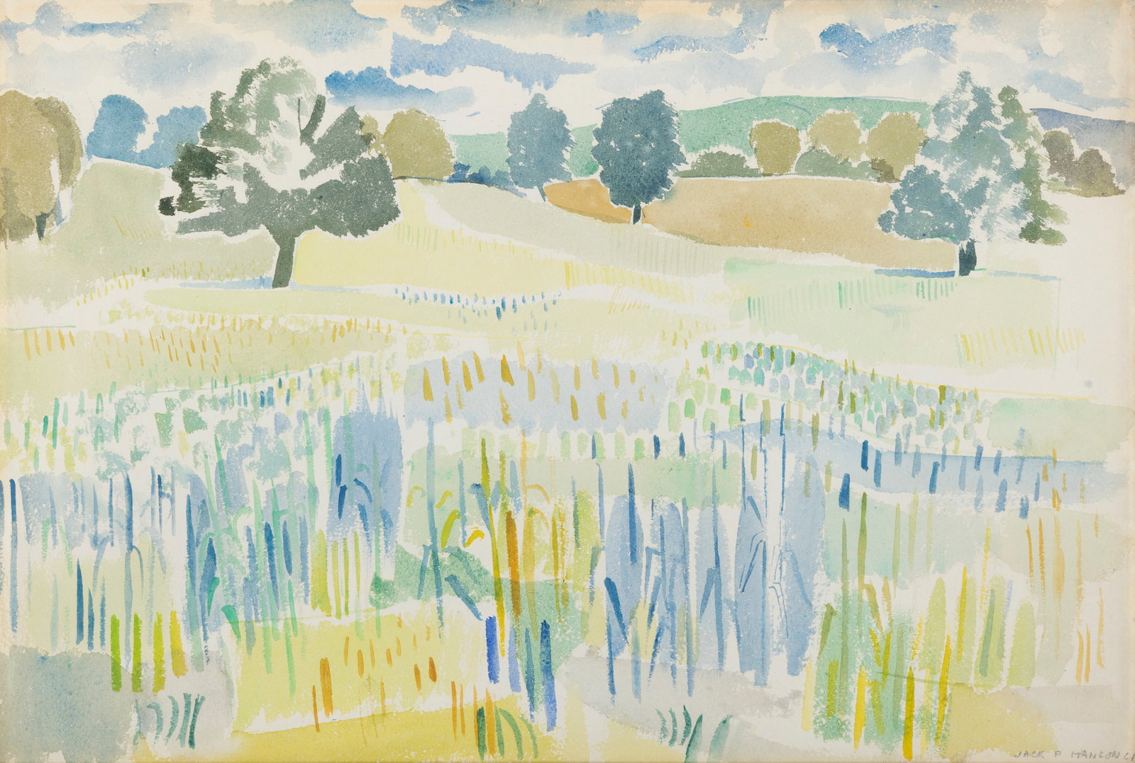 Fr. Jack P. Hanlon (1913-1968) Blue Corn Watercolour, 38 x 55cm (14¾ x 21½'') Signed: Fr. Jack P. Hanlon (1913-1968) Blue Corn Watercolour, 38 x 55cm (14¾ x 21½'') Signed Provenance: With The Dawson Gallery, Dublin, label verso