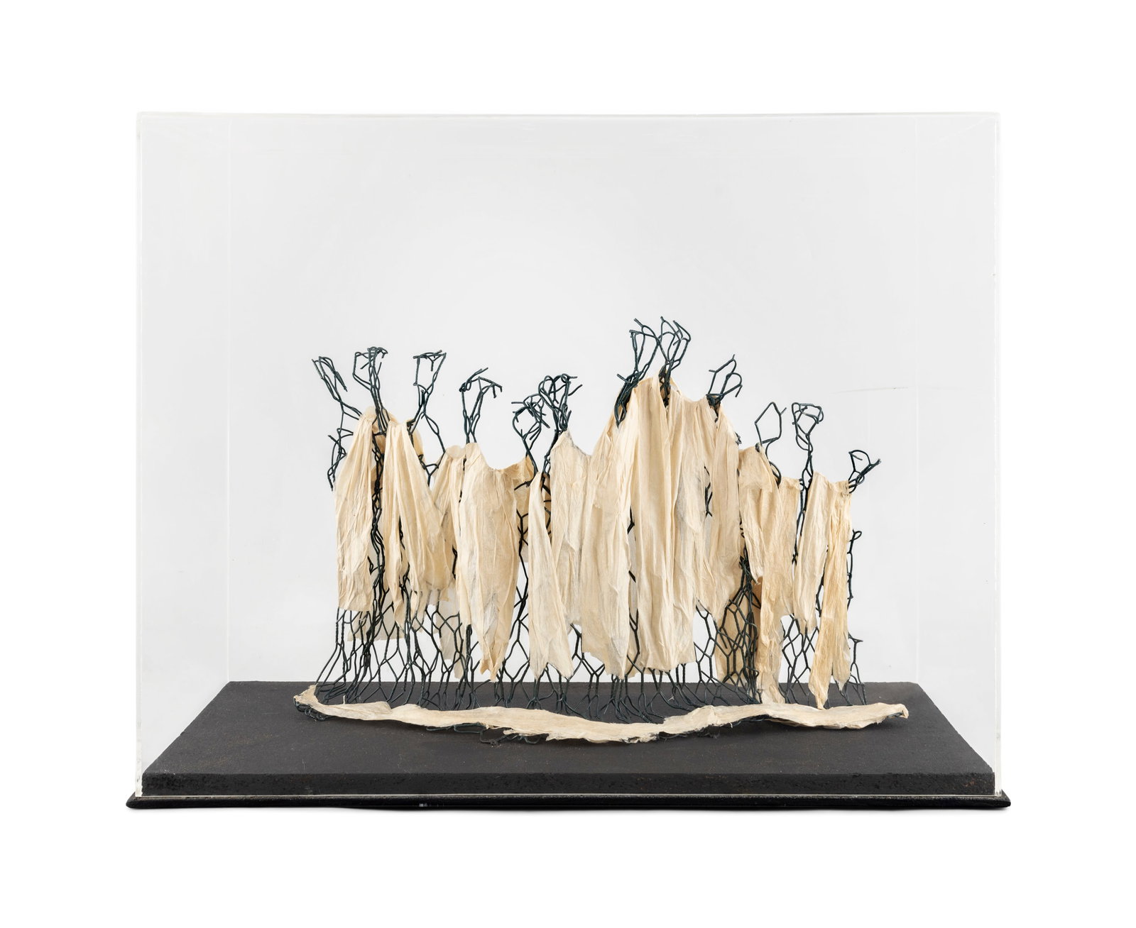 Deborah Brown (1927-2023) Group of Five Standing Figures (1982) Wire and papier-mâché: Deborah Brown (1927-2023) Group of Five Standing Figures (1982) Wire and papier-mâché mounted on block with Perspex cover, 41.5 x 52 x 26 cm (16¼ x 20½ x 10¼) Exhibited: Dubli