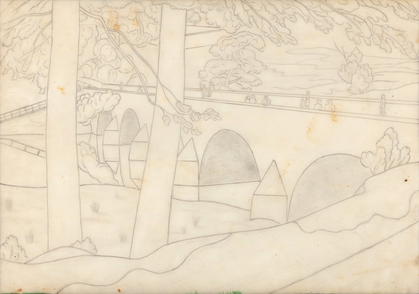 John Luke (1906-1975)* Shaws Bridge Pencil on tracing paper, 37.5 x 49.8cm: John Luke (1906-1975)* Shaws Bridge Pencil on tracing paper, 37.5 x 49.8cm (14¾ x 19½') Signed and dated 1939 Provenance: with Austin/Desmond Fine Art Gallery, London, label verso *This lot 