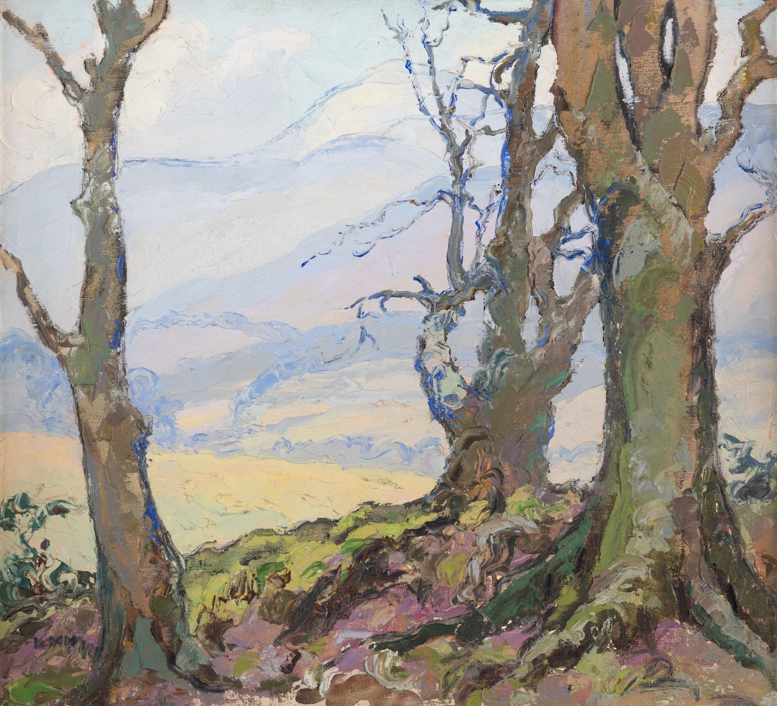 Letitia Marion Hamilton RHA (1878-1964) Tree Study Oil on canvas 41 x 44.5cm (16¼ x 17½): Letitia Marion Hamilton RHA (1878-1964) Tree Study Oil on canvas 41 x 44.5cm (16¼ x 17½) Signed with initials With village scene en verso Provenance: Collection of Brian Coyle