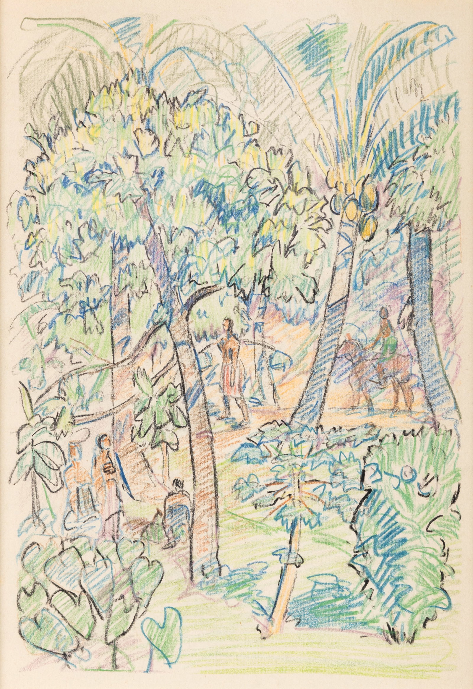 Mary Swanzy HRHA (1882-1978) Figures, Coconut and Other Trees, Samoa Coloured Pencil 26.5 x 18.5cm: Mary Swanzy HRHA (1882-1978) Figures, Coconut and Other Trees, Samoa Coloured Pencil 26.5 x 18.5cm (10½ x 7¼) Provenance: With Pyms Gallery, London, label verso, collection of Brian Coyle