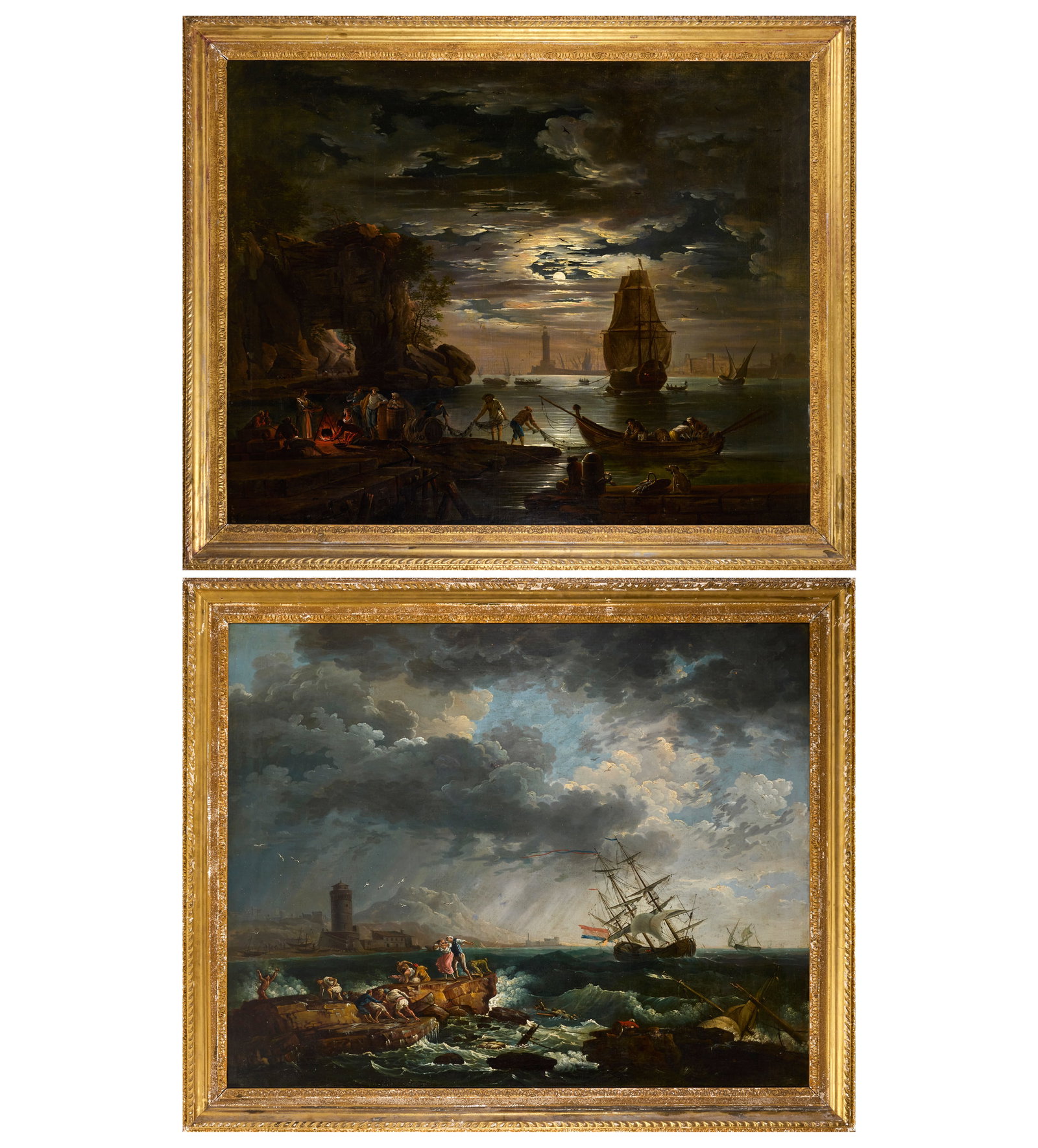 WILLIAM WOODBURN (1735-1818) AFTER CLAUDE-JOSEPH VERNET Nocturne Harbour; and a Shipwreck Oil on: WILLIAM WOODBURN (1735-1818) AFTER CLAUDE-JOSEPH VERNET Nocturne Harbour; and a Shipwreck Oil on canvas, a pair, 101.5 x 127cm William Woodburn was born in Dublin in 1735. Little is known about his ar