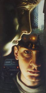 Mark O'Neill, (b.1963) Portrait Study with Urban: Mark O'Neill, (b.1963) Portrait Study with Urban Buildings Oil on board, 25 x 12cm, (10 x 5") Signed and dated '83