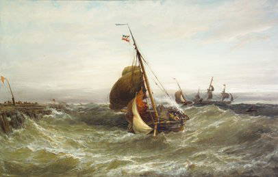 Edwin Hayes RHA RI ROI (1819-1904) Dutch Boats Re: Edwin Hayes RHA RI ROI (1819-1904) Dutch Boats Returning from Sea, Katwyke Beach, Holland Oil on canvas, 99 x 153cm (39 x 60") Signed Exhibited Royal Academy, London 1874, No. 97