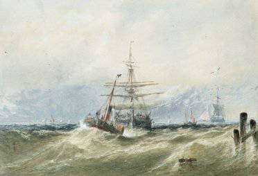 Edwin Hayes, RHA, (1820-1904) Entering harbour: Edwin Hayes, RHA, (1820-1904) Entering harbour Watercolour with scratching out, heightened with body colour, 25.4 X 35.5 cm, (10 x 14") Signed 'E Hayes' and dated '1860'
