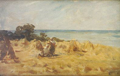 Nathaniel Hone RHA (1831-1917) Breton Girls in Co: Nathaniel Hone RHA (1831-1917) Breton Girls in Corn Field Oil on board, 44.5 x 29.5cm (17.5 x 11.5") James Bourlet & Sons and Dawson Gallery framing labels verso