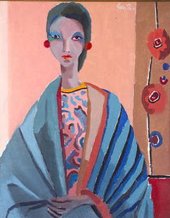 Colin Middleton , RHA, (1910 - 1983) Girl with St: Colin Middleton , RHA, (1910 - 1983) Girl with Stripes Oil on canvas,75 x 60cm (29.5 x 23.5") Signed and dated 1941 Inscribed with title verso Exhibited: Colin Middleton Exhibition IMMA, Jan- June