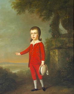 Attributed to John Trotter (Irish d.1792) Little: Attributed to John Trotter (Irish d.1792) Little Boy in a Red Suit Pointing Towards a Tent Encampment of Militia Oil on canvas, 59 x 46.5cm (23.25 x 18.25") Note: John Trotter went to the Dublin