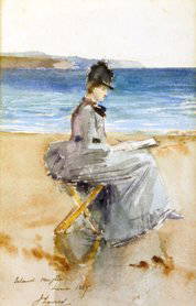 Sir John Lavery RA RSA RHA (1856-1941) Lady Laver: Sir John Lavery RA RSA RHA (1856-1941) Lady Lavery Sketching, Island Maghee, Larne (1887) Watercolour, 21 x 13cm (8.25 x 5.25") Signed, inscribed & dated 1887 William Mol, Belfast framing label verso