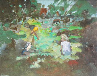 James Le Jeune, RHA, (1910-1983) Leafy Glade with: James Le Jeune, RHA, (1910-1983) Leafy Glade with Children Playing Oil on board, 38.5 x 48cm (15 x 19") Signed