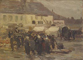 Irish School Late 19th Century / Early 20th Centu: Irish School Late 19th Century / Early 20th Century Figures in market place Oil on board, 13 x 17.5cm (5 x 7")