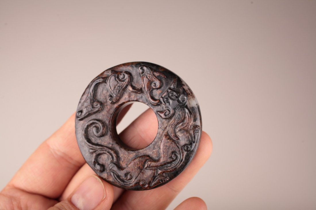 Chinese Mottled Jade Bi Disk w/ Chilongs & Lingzhi (1 of 3)