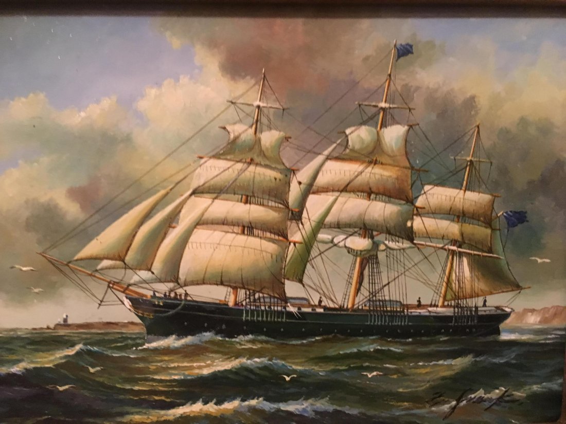 An oil on board ship painting: An oil on board ship painting sailing in the seas. signed and measuring 5" by 7" inches sight and the elaborate frame measures 14" by 16"