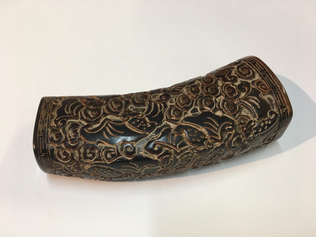 An old hand carved Oriental Bull Ox Horn cup: A finely hand carved Oriental Bull/Ox Horn cup. Detailed hand carving of the horn and finely finished.