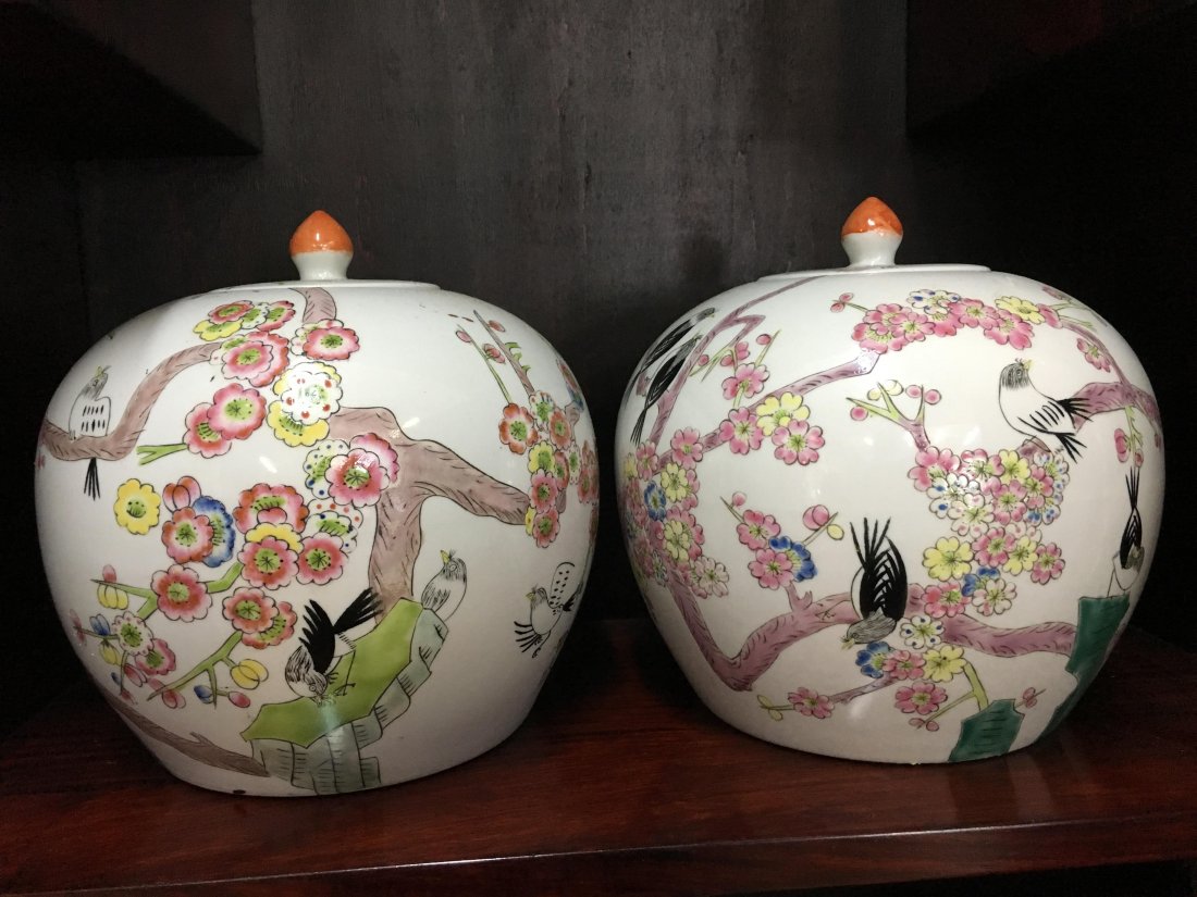 A pair of fine used Chinese Ginger Jars: A pair of fine used Chinese Ginger Jars. Measuring 9" inches tall.Beautifully hand painted pattern.Condition:Excellent.