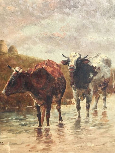 Clarence E. Braley ( 1854-1927 ) Oil Painting: Clarence E. Braley (American - Massachusetts 1854-1927) Oil on Canvas painting with a subject of Cows In Pasture. Signed C. Braley on the lower left.Housed in a hand painted wooden frame with images o