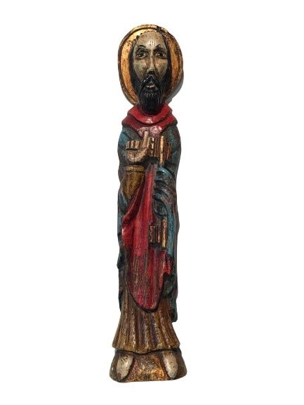 A carved wood figure Baroque style: A carved wood figure Baroque style. Possibly a figure of Saint Peter, one of Christ's apostles, who was entrusted with the keys to the kingdom of heaven. 18" inches tall by 4 inches wide.