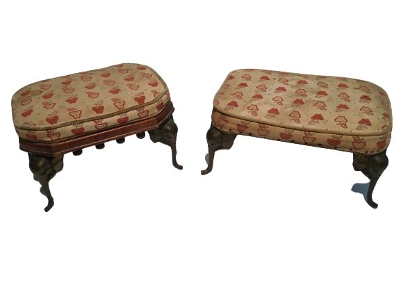 Two footstool s with bronze elephant legs: Two near Pair footstools with bronze elephant legs.one with wood trims one without.