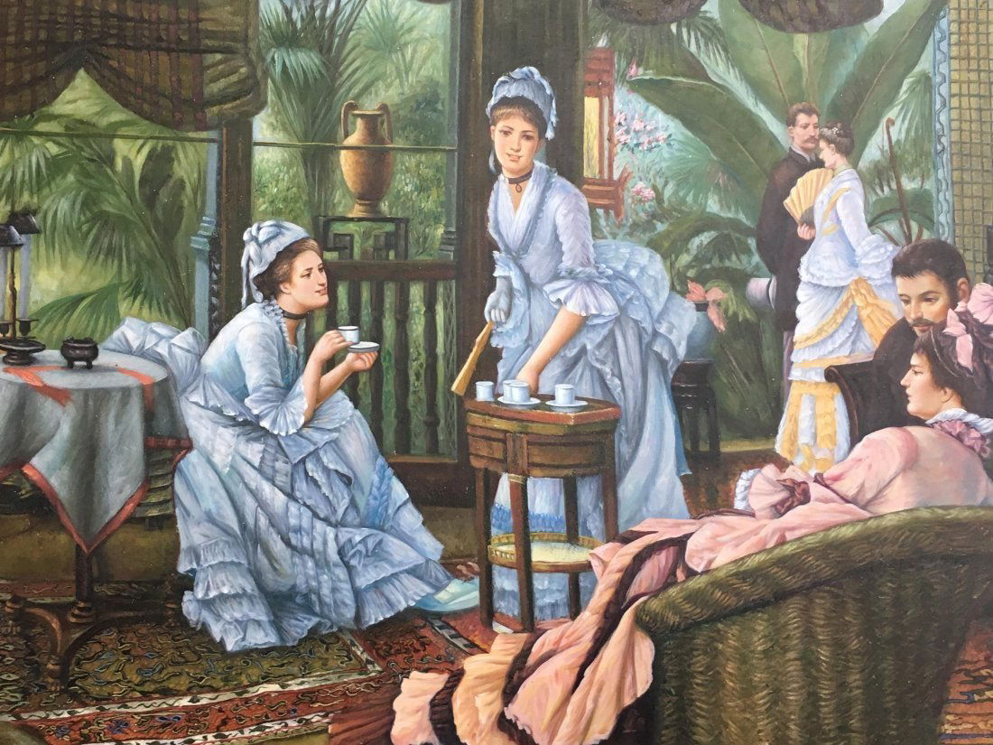 After James Tissot Massive oil painting 50" by 62": A massive oil on canvas painting after James Jacques Joseph Tissot (French, 1836-1902)A copy of a famous work called :In the Conservatory or Rivals. Comes in an ornate amazing wooden frame.The frame m
