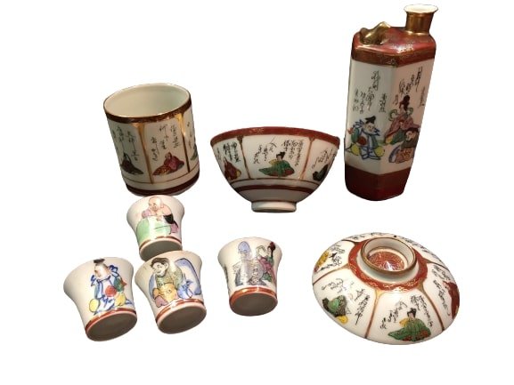 Set of Japenese Sake cups & bottle collection: Set of Japanese Sake cups & bottle collection. hand painted and glazed.