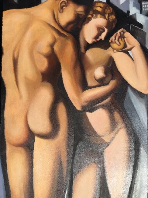 After Tamara de Lempicka Adam and Eve Painting: After Tamara de Lempicka polish artist titled Adam and Eve Oil & acrylic painting on canvas. A wonderful example of the Art deco style. Monogramed initial TJL on the lower right. Framed Measurements 2