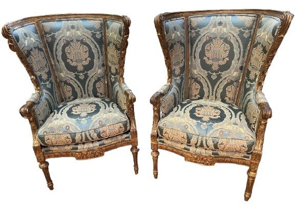 Pair of French Louis XVI hand Carved Wing Back Chairs (1 of 14)