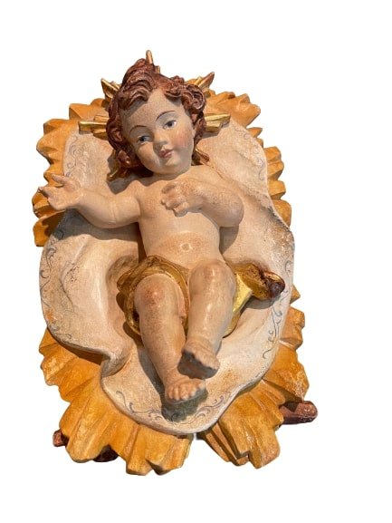 Italian Pema wood carved Baby Jesus in the Crib, 2 Pcs: An Original vintage Italian Pema hand made wood carved Baby Jesus in the Crib.Comprised of 2 Pieces and hand painted & gilded star.