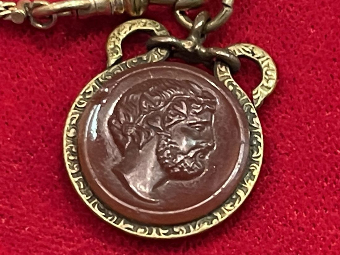 Antique Simmons Agate Men's Pocket watch Chain: Antique Simmons Agate Men's Pocket watch Chain with an Intaglio Pendant of a Roman profile. Stamped Simmons on the clasp.