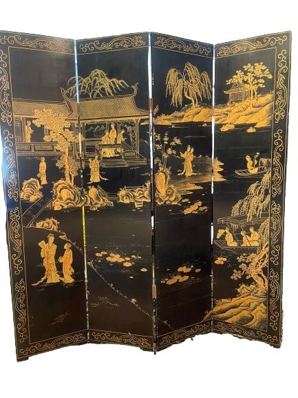 FOUR PANEL CHINESE BLACK LACQUERED FLOOR SCREEN (1 of 20)