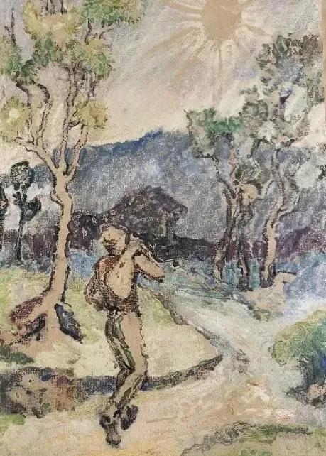 Edna Gass (1904-1993) American Impressionist painting: Edna Gass (1904-1993) American Impressionist portrait painting of a landscape with a figure.Gouache & Casein on paper. Pencil signed and titled.The sight measures 11" 1/2 by 18" 1/2 and the glass cove