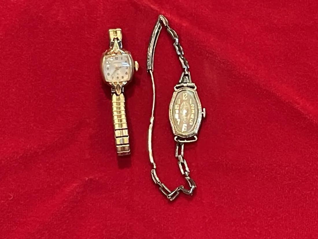 Two Vintage ladies Wrist watches: Two Vintage Ladies wrist watches.one by Hamilton with stretching band.Stamped stainless steal back 10 K.R.G.P.BEZEL S & W.The second watch is not legible.